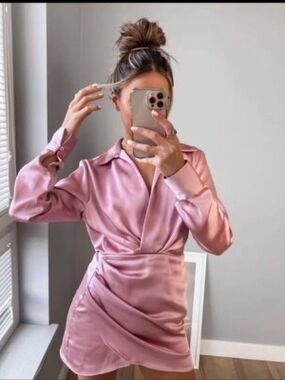 Zara Satin Draped Wrap Mini Dress in Dusty Pink